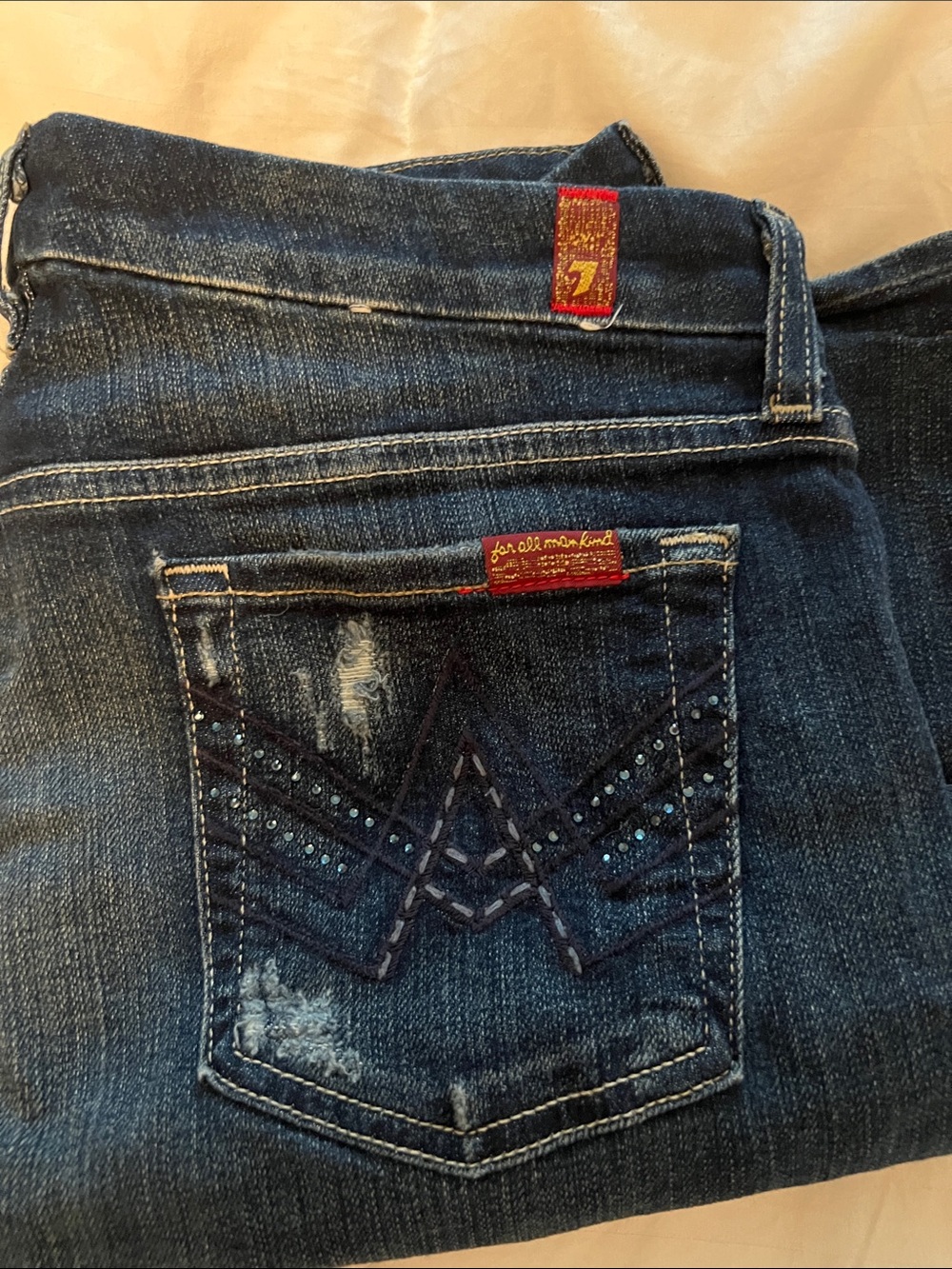 7 For All Mankind Dark Blue Denim Bootcut Jeans with Embellished Back Pocket